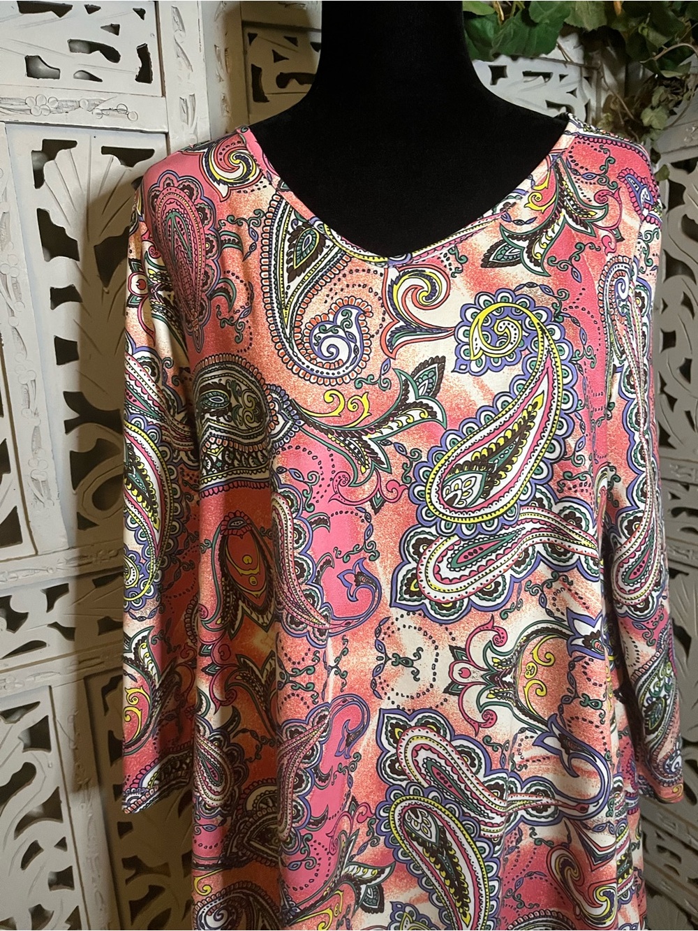 ENMAIN PERFECT WARM CORAL PINK & MULTICOLOR PAISLEY PATTERN PLUS SIZE TUNIC TOP - Picture 2 of 12